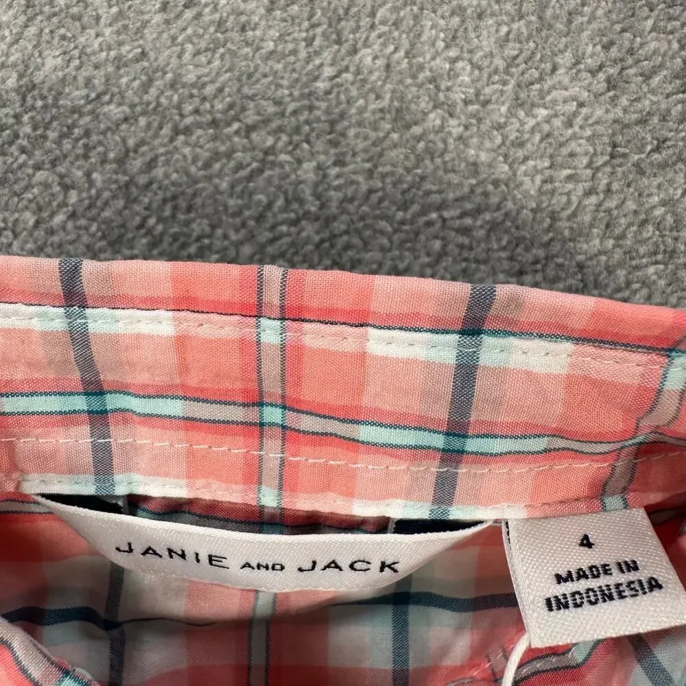 Janie and Jack Button Front Shirt Boys Size 4 Pink Plaid Cotton Long Sleeve